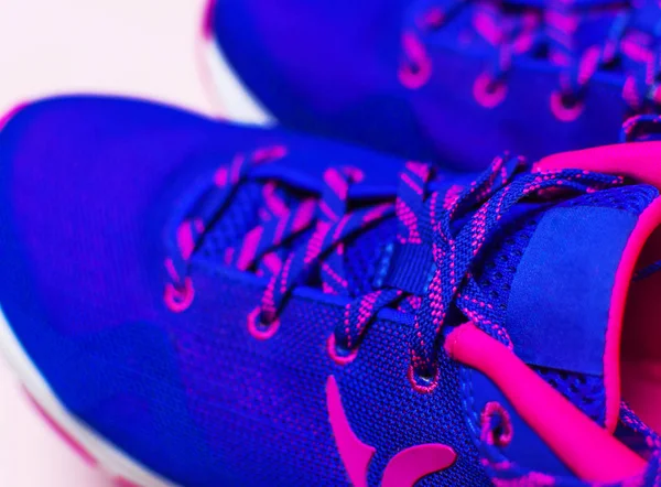 Ultra Blue Violet Pink Female Sneakers Pastel Pink Background Flat — Stock Photo, Image