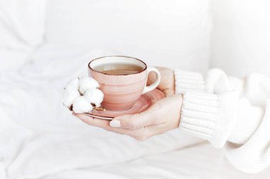 Beyaz örgü kazak kadınlar elinde fincan çay tabağı ile hassas pamuk çiçek yatakta üzerinde tutun. Rahat sabah kahvaltı evde yaşam tarzı nazik arka plan kopya alanı sonbahar kış kavramı