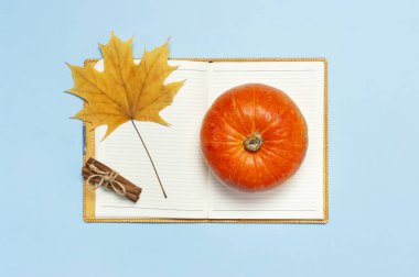 Açılan defter, Turuncu kabak, tarçın, sarı sonbahar akçaağaç yaprağı mavi arka plan en iyi görünüm düz üzerinde yatıyordu. Çalışma kavramı, çalışma masa Cadılar Bayramı. Metin için yer
