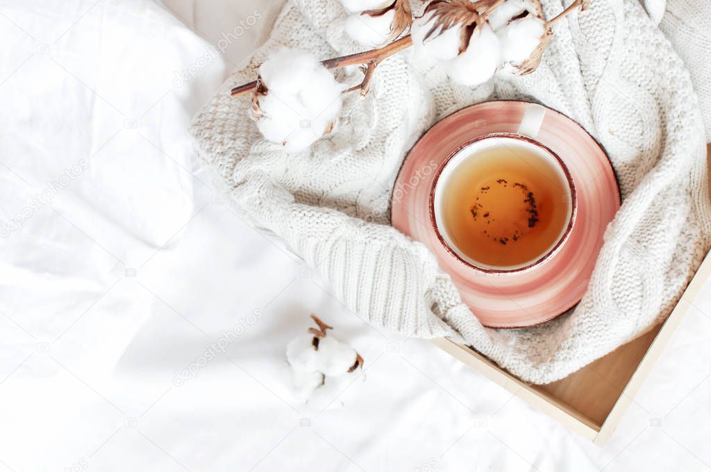 Cup of hot tea, wooden tray, branch of delicate cotton and knitted plaid sweater in bed. Cozy morning breakfast at home Lifestyle gentle female background Copy Space autumn winter concept