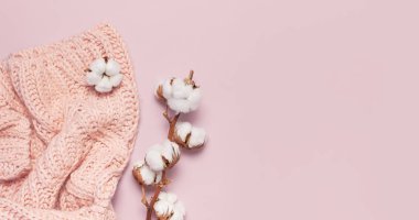 Kadın pembe örgü kazak kazak ve şube pamuk pastel pembe arka plan en iyi görünüm düz yatıyordu Moda Bayan giyim Jumper sonbahar giyim moda göz hassas pamuk çiçek yaşam tarzı kış.