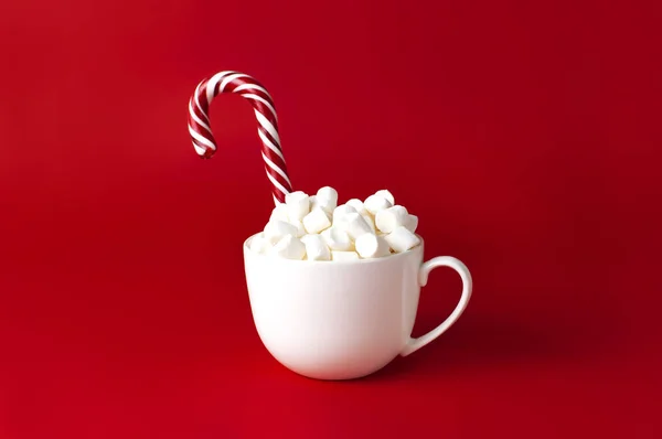 Christmas New Year Drink White Mug Marshmallows Candy Cane Red — Stock Photo, Image