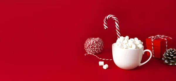 White Mug Marshmallows Candy Cane Gifts Boxes Packaging Lace Flashlight — Stock Photo, Image