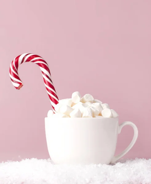 Christmas New Year Drink White Mug Marshmallows Candy Cane Snow — Stock Photo, Image