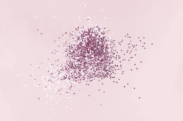 Rosa Olografico Glitter Coriandoli Sotto Forma Stelle Sfondo Rosa Flat — Foto Stock
