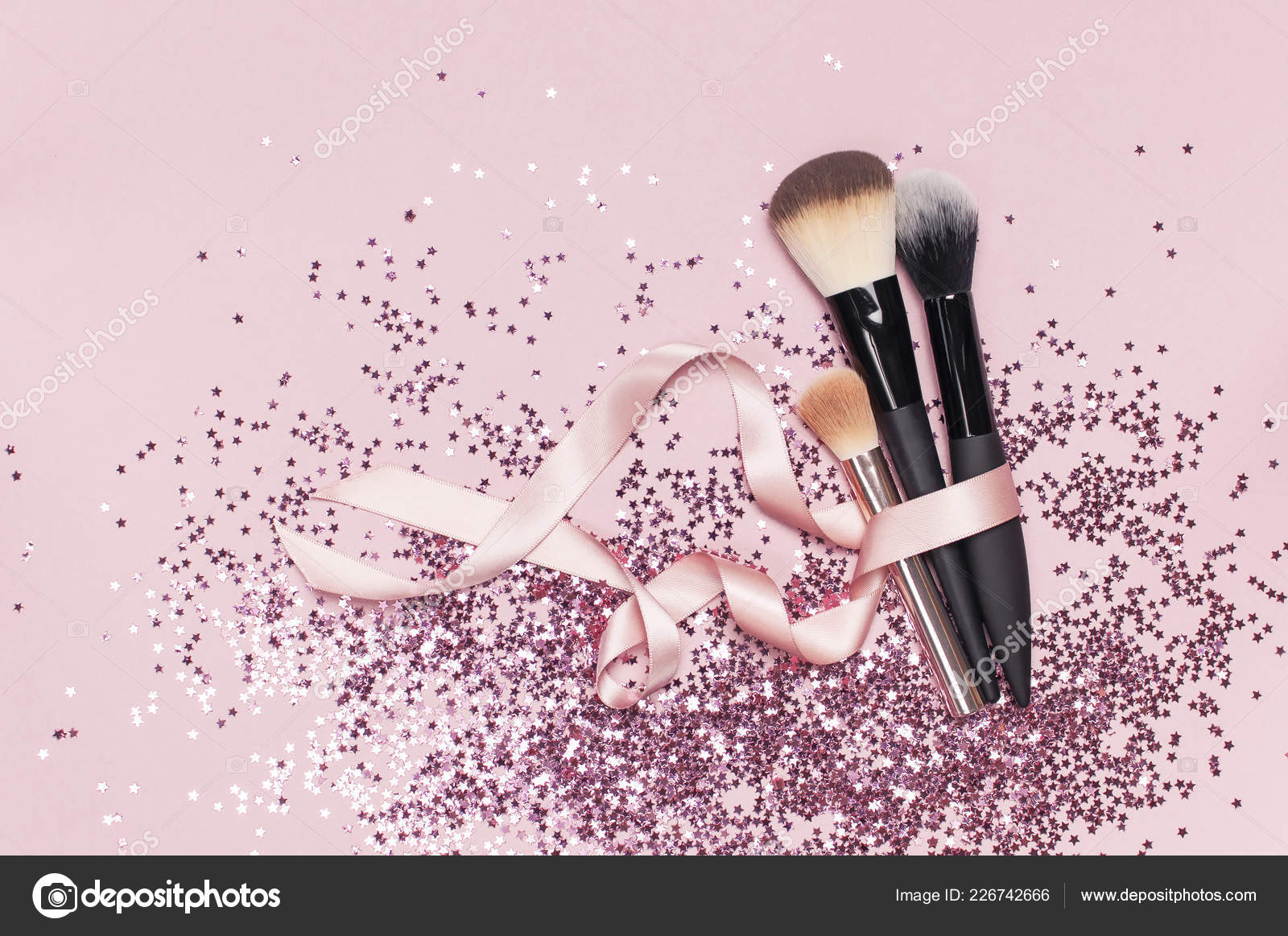 Different Cosmetic Makeup Brushes Pink Ribbon Holographic Glitter Confetti  Form Stock Photo by ©Arkhipenko21 226742666