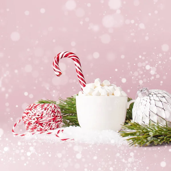 Christmas New Year Drink White Mug Marshmallows Candy Cane Pine — Stock Photo, Image