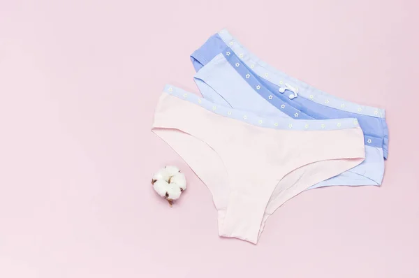 Female pastel cotton set panties and cotton flower on pink background top view flat lay with copy space for text. Fashion blog, Colorful women\'s natural underwear, advertising shopping concept.