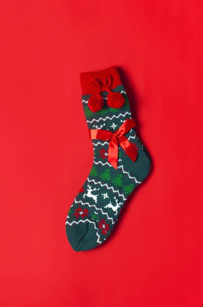 Woolen Socks Christmas New Year Ornament Red Background Top View — Stock Photo, Image