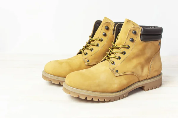 Yellow Men Work Boots Natural Nubuck Leather Wooden White Background — Stock Photo, Image