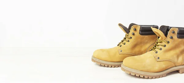 Yellow Men Work Boots Natural Nubuck Leather Wooden White Background — Stock Photo, Image