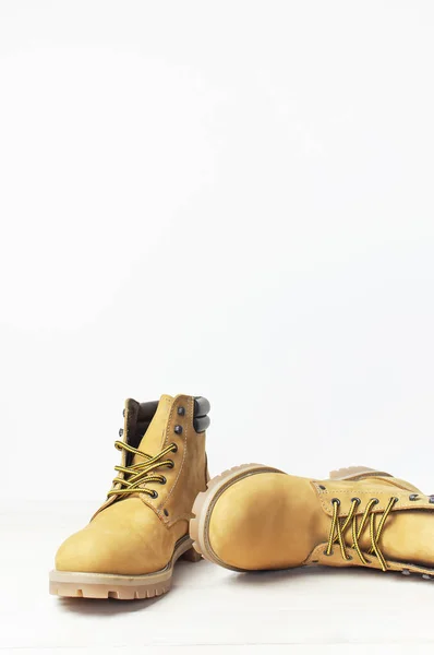 Yellow Men Work Boots Natural Nubuck Leather Wooden White Background — Stock Photo, Image