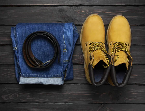 Чоловічий Повсякденний Одяг Жовті Робочі Черевики Натуральної Шкіри Нубука Сині — стокове фото