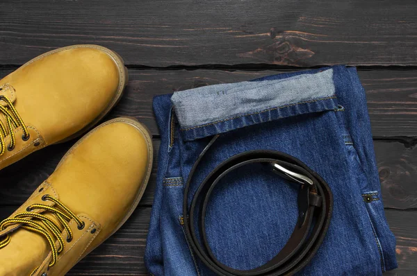 Vrijetijdskleding Heren Gele Werk Laarzen Van Natuurlijke Nubuck Leder Blue — Stockfoto