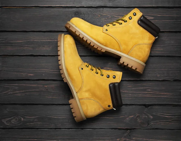 Yellow Men Work Boots Natural Nubuck Leather Dark Wooden Background — Stock Photo, Image