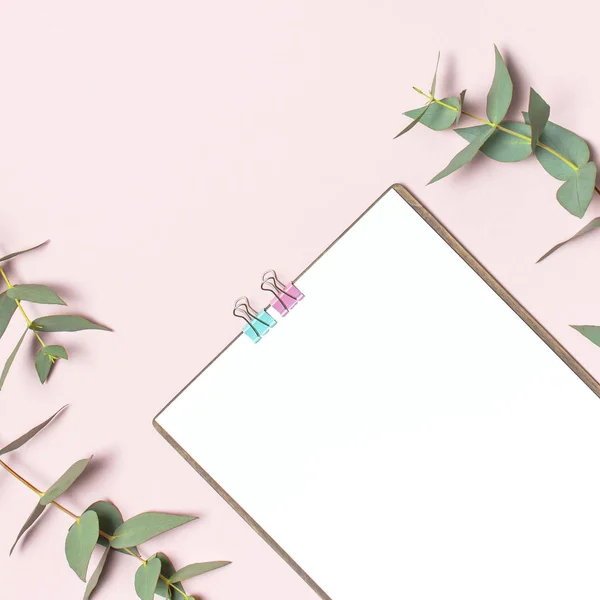 Flat lay clipboard with blank paper, green eucalyptus branches on pastel pink background. Top view female office workspace minimal mock up template concept, copy space. Feminine floral desktop.