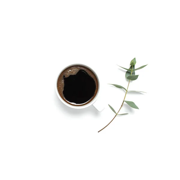 Cup of black coffee and green sprig of eucalyptus on white background. Flat lay, top view, copy space. Feminine desk workspace, morning breakfast, hot drink, coffee background.