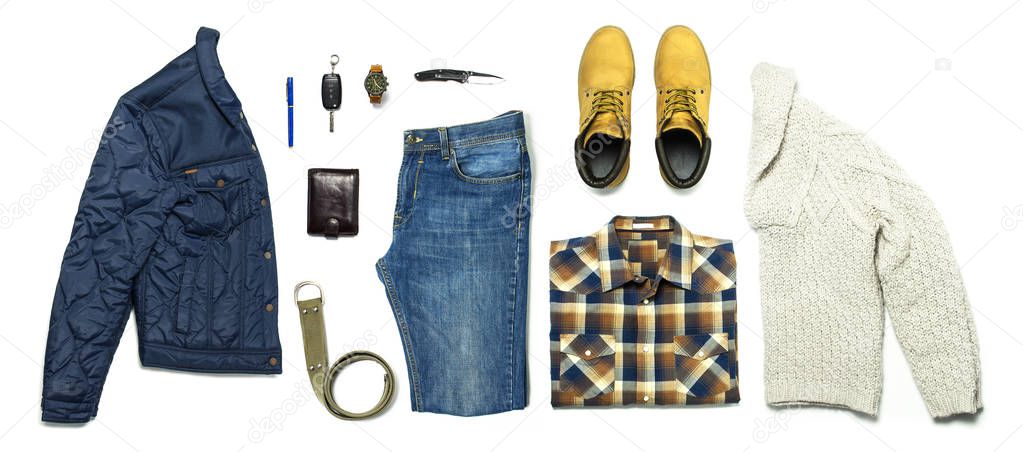 Flat lay set Men's casual clothing, jacket jeans checkered shirt knitted sweater yellow nubuck shoes strap wrist watch wallet car keys isolated items on white background top view. Male fashion.
