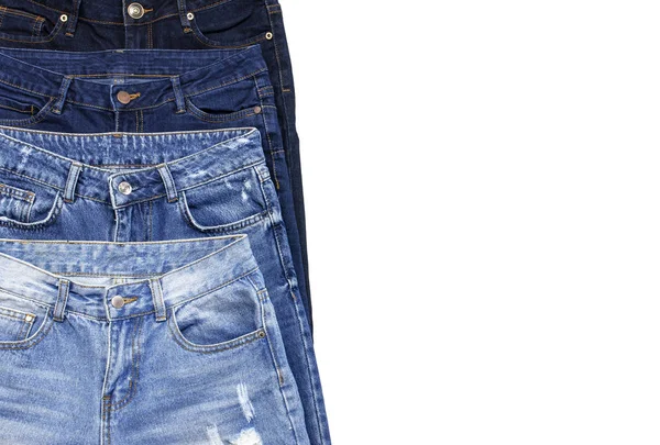 Conjunto Diferentes Pantalones Vaqueros Azules Aislados Sobre Fondo Blanco Vista — Foto de Stock