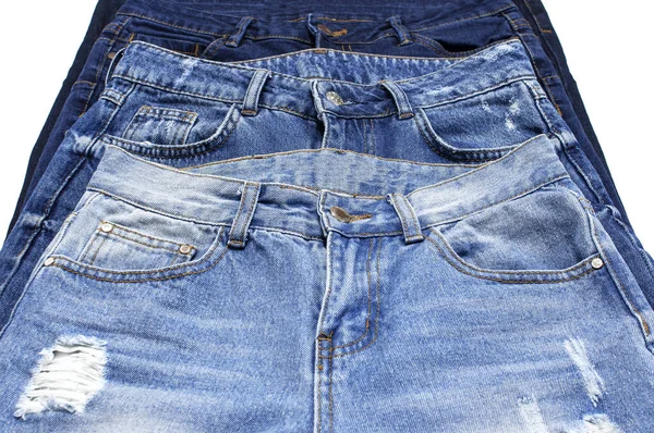 Conjunto Diferentes Pantalones Vaqueros Azules Aislados Sobre Fondo Blanco Vista — Foto de Stock