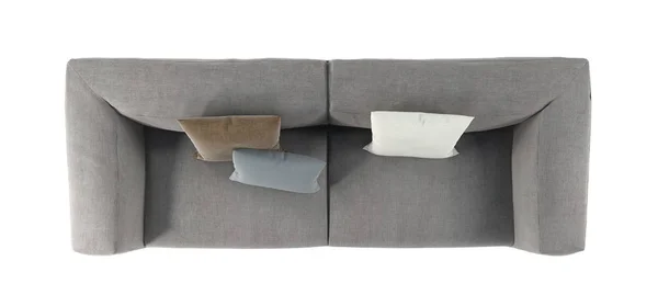 Modern szürke szövet kanapé lábakkal és párnákkal elszigetelt fehér háttér-nézet felülről. Bútor, belső objektum. — Stock Fotó