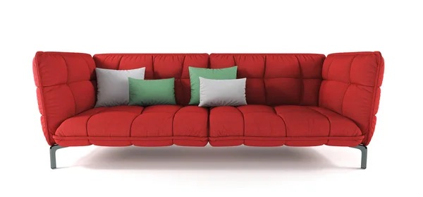 孤立した白の背景に枕と金属の足の現代赤いキルティング生地のソファー。家具、インテリアオブジェクト。ブライトスカーレットソファー. — ストック写真