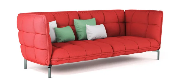 Sofá tecido acolchoado vermelho moderno em pernas de metal com travesseiros em fundo branco isolado. Mobiliário, objecto interior. Sofá escarlate brilhante . — Fotografia de Stock