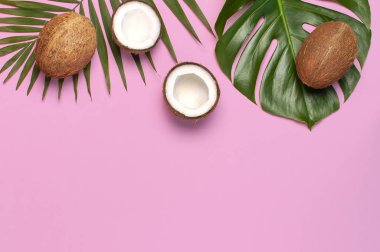 Tropikal yaprakları ve pembe arka plan üzerinde taze hindistan cevizi. Düz döşeme, üst görünüm, kopyalama alanı. Yaz geçmişi, doğa. Sağlıklı yemek pişirme. Yaratıcı sağlıklı gıda kavramı, hindistan cevizi yarısı