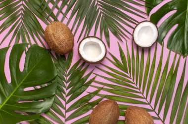 Tropikal yaprakları ve pembe arka plan üzerinde taze hindistan cevizi. Düz döşeme, üst görünüm, kopyalama alanı. Yaz geçmişi, doğa. Sağlıklı yemek pişirme. Yaratıcı sağlıklı gıda kavramı, hindistan cevizi yarısı