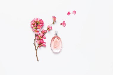 Açık gri arka plan üst görünüm düz pembe bahar çiçekleri ile kadın parfüm Şişe kopya alanı yatıyordu. Parfümeri, kozmetik, kadın aksesuarları, koku koleksiyonu. Narin Pembe Parfüm Şişesi