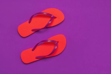 Mor arka planda mercan parmak arası terlik. Düz döşeme, üst görünüm, kopyalama alanı. Yaratıcı Yaz Tatili seyahat Arka Plan. Kadınların yazlık ayakkabısı. Parlak parmak arası terlikler, trend renkler