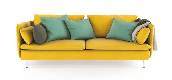 Sofá amarillo escandinavo moderno con patas con almohadas de color verde esmeralda y cuadros sobre fondo blanco aislado. Muebles, objetos interiores . —  Fotos de Stock