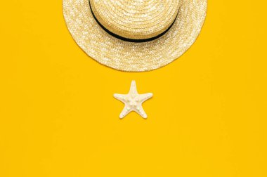 Kadın yaz hasır şapka, sarı arka plan üst görünümü düz üzerinde yıldız balığı kopya alanı yatıyordu. Yaz seyahati tatil konsepti, tek öğe. Kadın aksesuarı, yaz arka planı