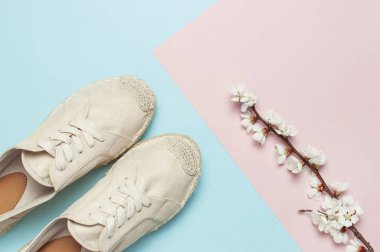Renk pastel mavi pembe arka planda bahar çiçekli şube ile bej moda kadın espadril. Bahar Ayakkabı yaratıcı kavramı, moda blog veya dergi kavramı düz üst görünüm kopya alanı yatıyordu