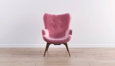 Iç beyaz bir duvara karşı ahşap bacaklar ile Şık modern pembe koltuk. Mobilya, iç mekan, modern tasarımcı koltuğu. Şık minimalist iç mekan