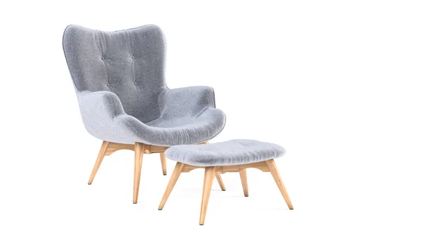 Fashionable modern gray armchair with wooden legs, ottoman isolated on white background. Furniture, interior object, stylish armchair. Single piece of furniture. Scandinavian style armchair — Stock Photo, Image