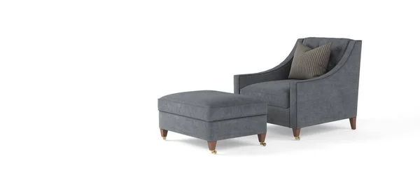 Klassisch moderner grauer Sessel mit Holzbeinen, gestreiftem Kissen, mit Hocker auf weißem Hintergrund. Möbel, Einrichtungsgegenstand, stilvoller Sessel. einzelnes Möbelstück. — Stockfoto