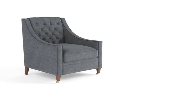 Klassisch moderner grauer Sessel mit Holzbeinen, gesteppter Rückenlehne isoliert auf weißem Hintergrund. Möbel, Einrichtungsgegenstand, stilvoller Sessel. einzelnes Möbelstück. — Stockfoto