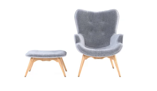 Sillón gris moderno de moda con patas de madera, otomana aislada sobre fondo blanco. Muebles, objeto interior, elegante sillón. Un solo mueble. Sillón de estilo escandinavo —  Fotos de Stock