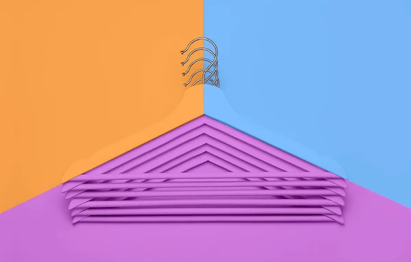 Kreativt modekoncept. Platt Lay Top Visa färgade trägalgar på blå rosa orange Neon bakgrund minimalism stil Pop-Art. Försäljning rabatt butik shopping koncept design tom hängare feminin blogg — Stockfoto
