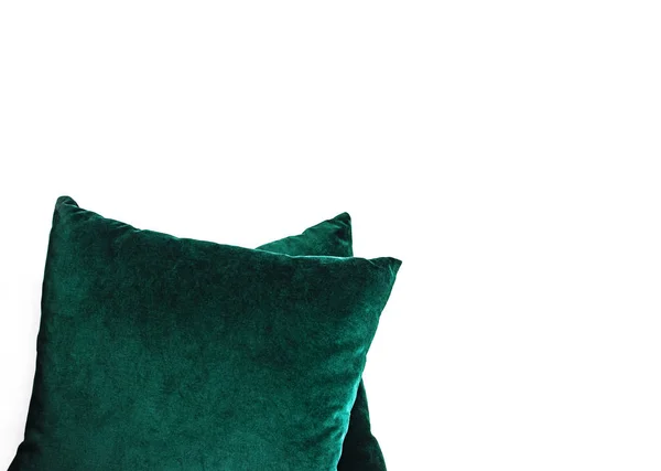 Bright decorative soft pillows isolated on white background top view. Emerald green pillow, interior item, comfort — Stock Photo, Image