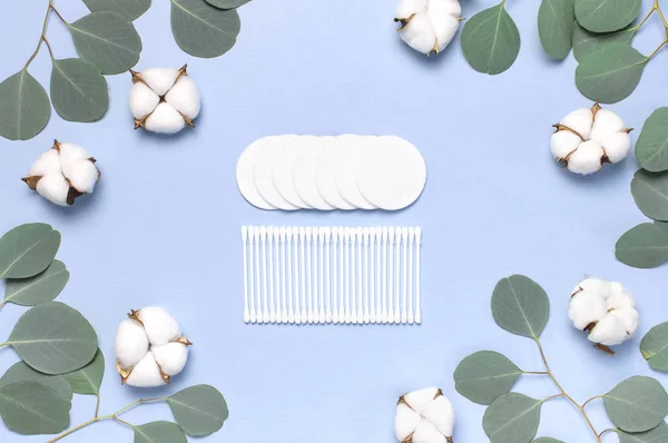 Cotton Cosmetic Makeup Removers Tampons. Spa concept. Flat lay background with cotton flowers, cotton pads, eared sticks, fresh eucalyptus twigs. Hygienic sanitary swabs on blue background Top view