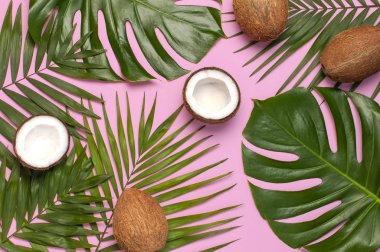 Tropikal yaprakları ve pembe arka plan üzerinde taze hindistan cevizi. Düz döşeme, üst görünüm, kopyalama alanı. Yaz geçmişi, doğa. Sağlıklı yemek pişirme. Yaratıcı sağlıklı gıda kavramı, hindistan cevizi yarısı