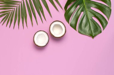 Tropikal yaprakları ve pembe arka plan üzerinde taze hindistan cevizi. Düz döşeme, üst görünüm, kopyalama alanı. Yaz geçmişi, doğa. Sağlıklı yemek pişirme. Yaratıcı sağlıklı gıda kavramı, hindistan cevizi yarısı