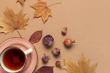 Sonbahar daire kompozisyon yatıyordu. Fincan çay, sonbahar kuru parlak yaprakları, güller çiçekler, turuncu daire, koni, dekoratif nar, tarçın kahverengi bej arka plan üst görünümü üzerinde sopa. Sonbahar, Güz konsepti