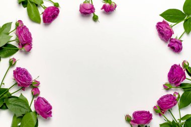 Düz çiçek kompozisyon yatıyordu. Parlak pembe yapılmış çerçeve açık gri arka plan üst görünüm kopya alanı üzerinde çiçekler gül. Doğum günü, kadın veya anneler günü, Sevgililer günü, düğün için tebrik kartı