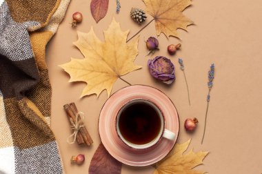 Sonbahar daire kompozisyon yatıyordu. Fincan çay, damalı ekose, sonbahar kuru yaprakları, gül çiçekleri, turuncu daire koni dekoratif nar tarçın kahverengi bej arka plan üst görünümünde sopa. Sonbahar konsepti