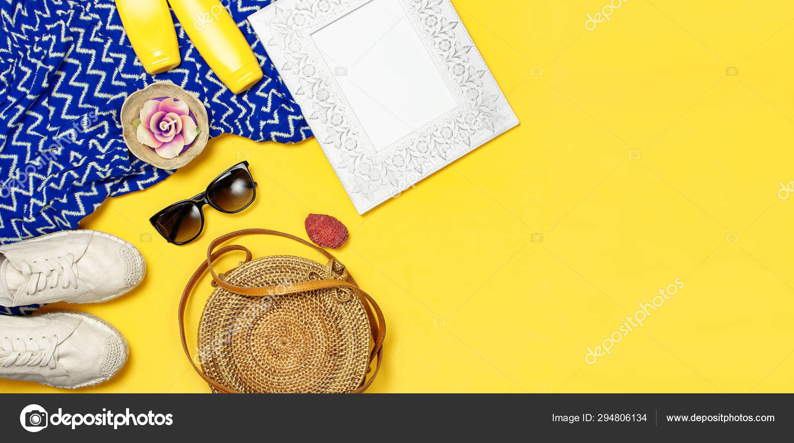 Female summer fashion background. Clothes and accessories on yellow background. Blue dress, round rattan bag, espadrilles shoes, sunglasses, sunscreen, wooden picture frame. Flat lay top view Stock Photo by ©Arkhipenko21 294806134 Female summer fashion background. Clothes and accessories on yellow background. Blue dress, round rattan bag, espadrilles shoes, sunglasses, sunscreen, wooden picture frame. Flat lay top view Stock Photo by ©Arkhipenko21 294806134