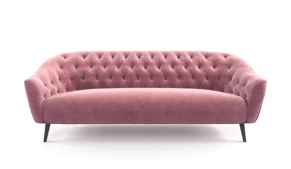 Sofá moderno e elegante rosa com ponto de carruagem, botões, com pernas sobre fundo branco isolado. Mobiliário, objeto interior, sofá elegante. Sofá feminino romântico — Fotografia de Stock