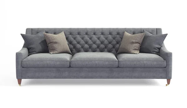 Sofá clásico gris escandinavo moderno con patas con almohadas sobre fondo blanco aislado. Muebles, objeto interior, sofá elegante — Foto de Stock